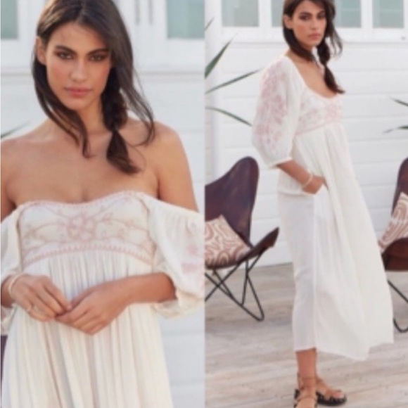 free people movement Dresses & Skirts - Free People Wedgewood Off-Shoulder Maxi Dress with Pink Embroidery